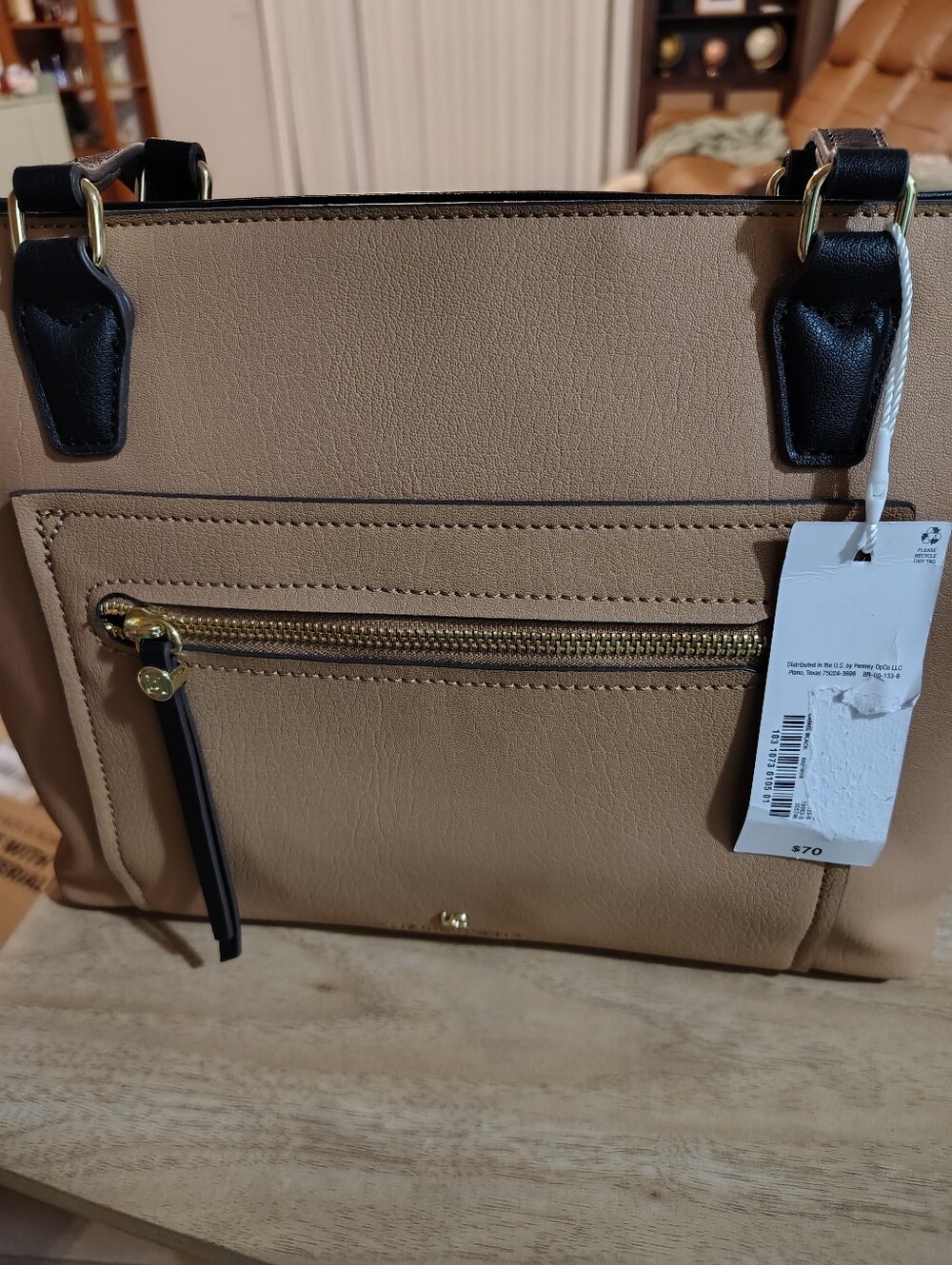 Structured Beige Satchel with Black Trim and Gold Hardware by Liz Claiborne